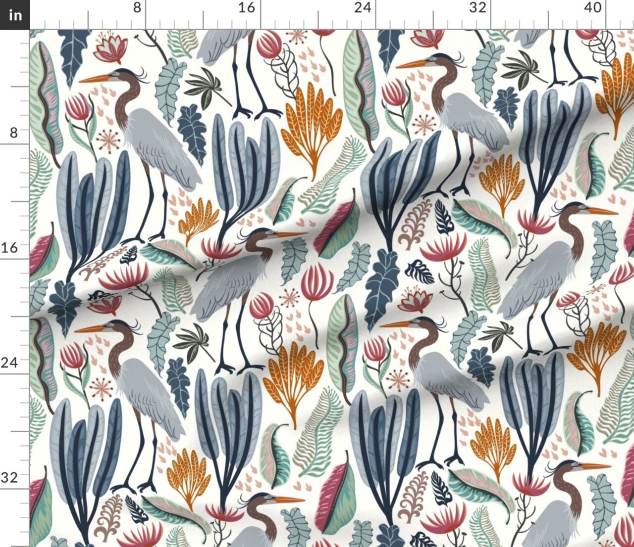 Heron Botanical Large Scale Cranes Marshland Habitat Custom Printed Fabric by Spoonflower Various Fabrics by the Yard or Fat Quarter